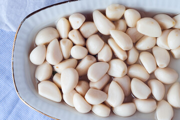 Healthy homemade marinated garlic top view