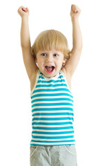 child boy with arms up looking happy