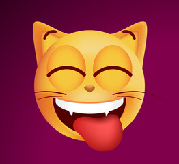 Cute Emoticon Cat with Stuck Out Tongue on Dark Background. Isolated Vector Illustration