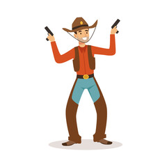 Obraz premium Smiling cowboy holding his guns western cartoon character vector Illustration