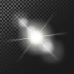 Vector illustration of a white glowing light effect with rays and lens flares isolated on a dark translucent background