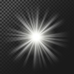 Vector illustration of a white glowing light effect with rays isolated on a dark translucent background