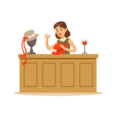 Young woman making hats, craft hobby or profession colorful character vector Illustration
