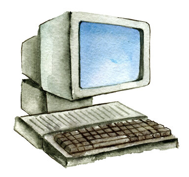 watercolor sketch of old computer isolated on white background