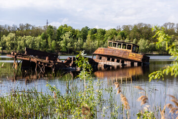 Fototapeta na wymiar rusty shipwreck at chernobyl shipgraveyard