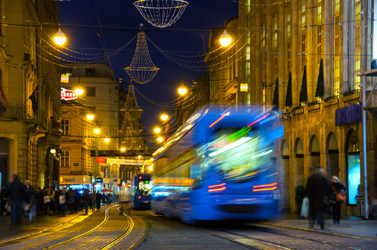 Zagreb, Croatia. Famous motion blurred blue Tram at night