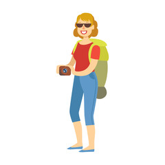 Cheerful woman standing with traveling backpack and holding camera in her hands. Colorful cartoon character