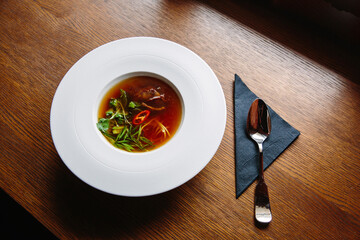 Vietnamese Pho Bo with beef and herbs. Vietnam's national dish.