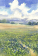 summer meadow landscape watercolor