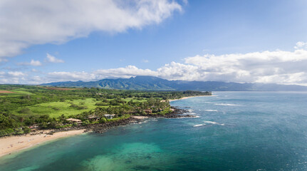 Aerial view of the Ocean and beaches on the north shore of Oahu Hi. - obrazy, fototapety, plakaty