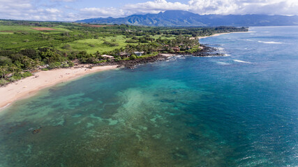 Aerial view of the Ocean and beaches on the north shore of Oahu Hawaii