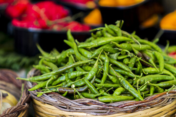Fresh spicy green chili peppers