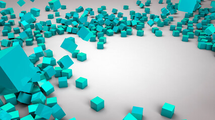 Blue cubes falling on a white isolated surface with a place to place your text 3d illustration