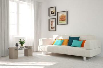 White modern room with sofa. Scandinavian interior design. 3D illustration