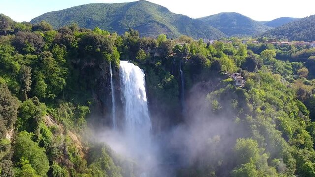 Aerial View of Marmore's Falls in Umbria, Italy, one of highest waterfall of Europe