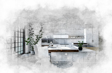 Estores personalizados para cocina con tu foto Artistic textured painting of a modern kitchen