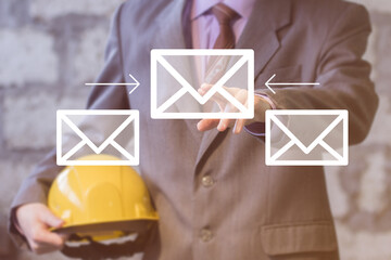 Businessman presses button message mail virtual network industrial