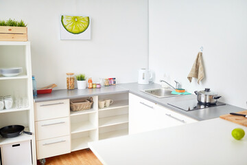 modern home kitchen interior with food on table