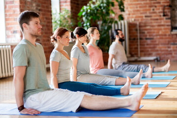 group of people doing yoga staff pose at studio