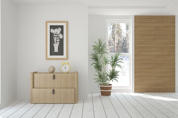 White empty room with winter landscape in window. Scandinavian interior design. 3D illustration