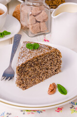 Poppy cake with walnuts and vanilla custard