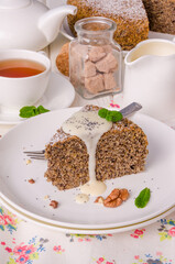 Poppy cake with walnuts and vanilla custard