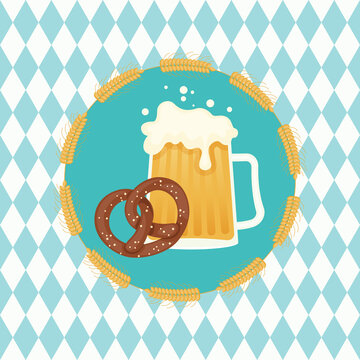Beer and pretzel in wheat wreath on Bavarian  background