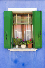 Window with shutters with flowers on the windowsill