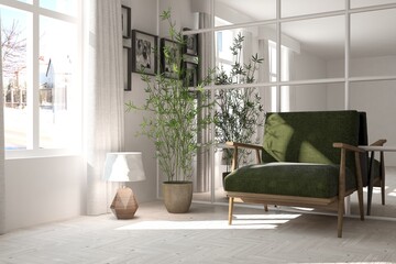 White modern room with armchair. Scandinavian interior design. 3D illustration