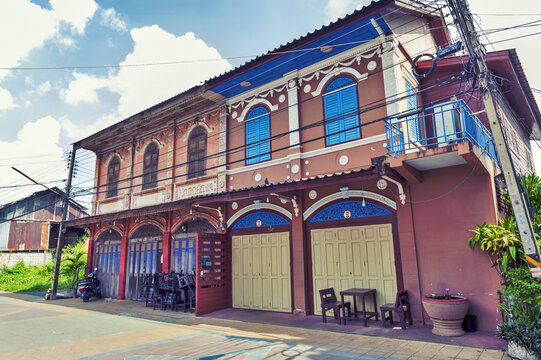 Classic Sino-Portuguese architectural style shophouse building at Ban Singha Tha, old historic area of Yasothon Province in the northeastern region of Thailand