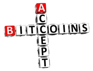 3D Crossword Bitcoins Accept over white background.