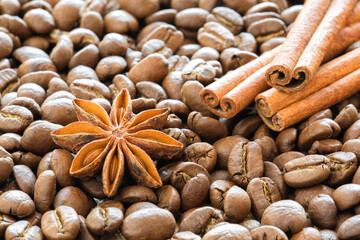Coffee beans with anise and cinnamon.