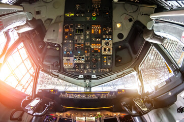 Aircraft cockpit view on the control panel.