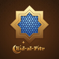 Background mosque window with arabic pattern. Greeting inscription - Eid al Fitr. Islamic greeting card. Vector illustration