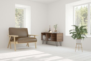 Naklejka na ściany i meble White room with sofa and green landscape in window. Scandinavian interior design. 3D illustration
