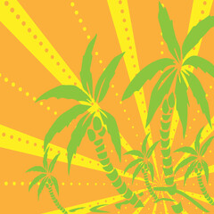 Fototapeta na wymiar Palm trees silhouette on island. Vector illustration. Tropical exotic plant on background with rays. Modern hipster style apparel, poster for party, brochure design.