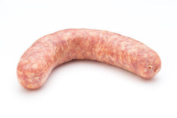 Raw sausage with parsley leaf isolated on white background.