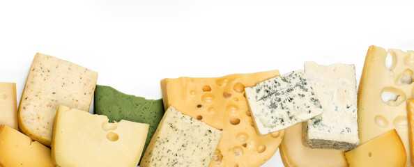 Different kinds of cheeses isolated on white background.