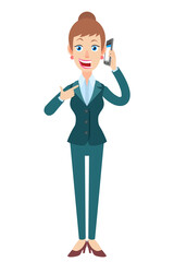 Businesswoman pointing his finger at the mobile phone that he talks