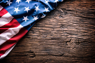 American  Flag. Usa flag on rustic oak board diagonally.