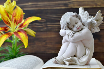 Angel guardian and lily flower