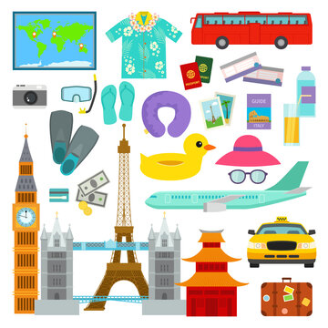 Travel time summer vacation vector symbols in flat style traveling and tourism icons accessories illustration