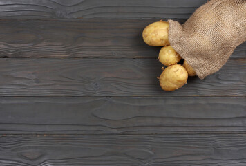 Raw potato on wooden background. Top view with copy space.