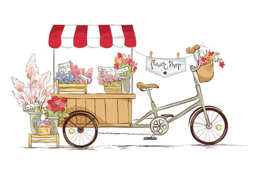 Flower shop on bicycle./ Vector illustration on the theme of traditional trad.