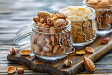 Pistachios and almond flakes in a glass jar.