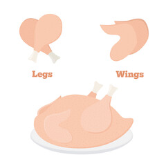 Fresh chicken parts - wings, legs, tasty fast food. Whole meat