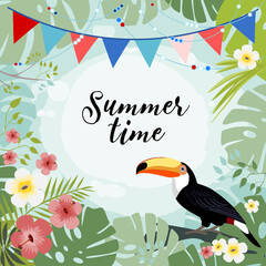 Summer time background with Toucan and exotic flovers and plants, vector illustration