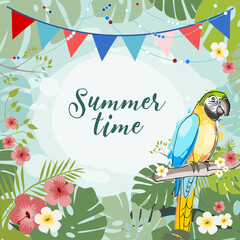 Summer time background with Macaw and exotic flovers and plant, vector illustration