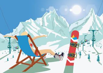 Female snowboarder in bikini sitting in deck chair relaxing in mountain ski resort. Bright sun and ski chair lift
