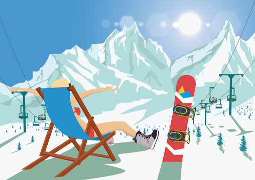 Female snowboarder in bikini sitting in deck chair relaxing in mountain ski resort. Bright sun and ski chair lift